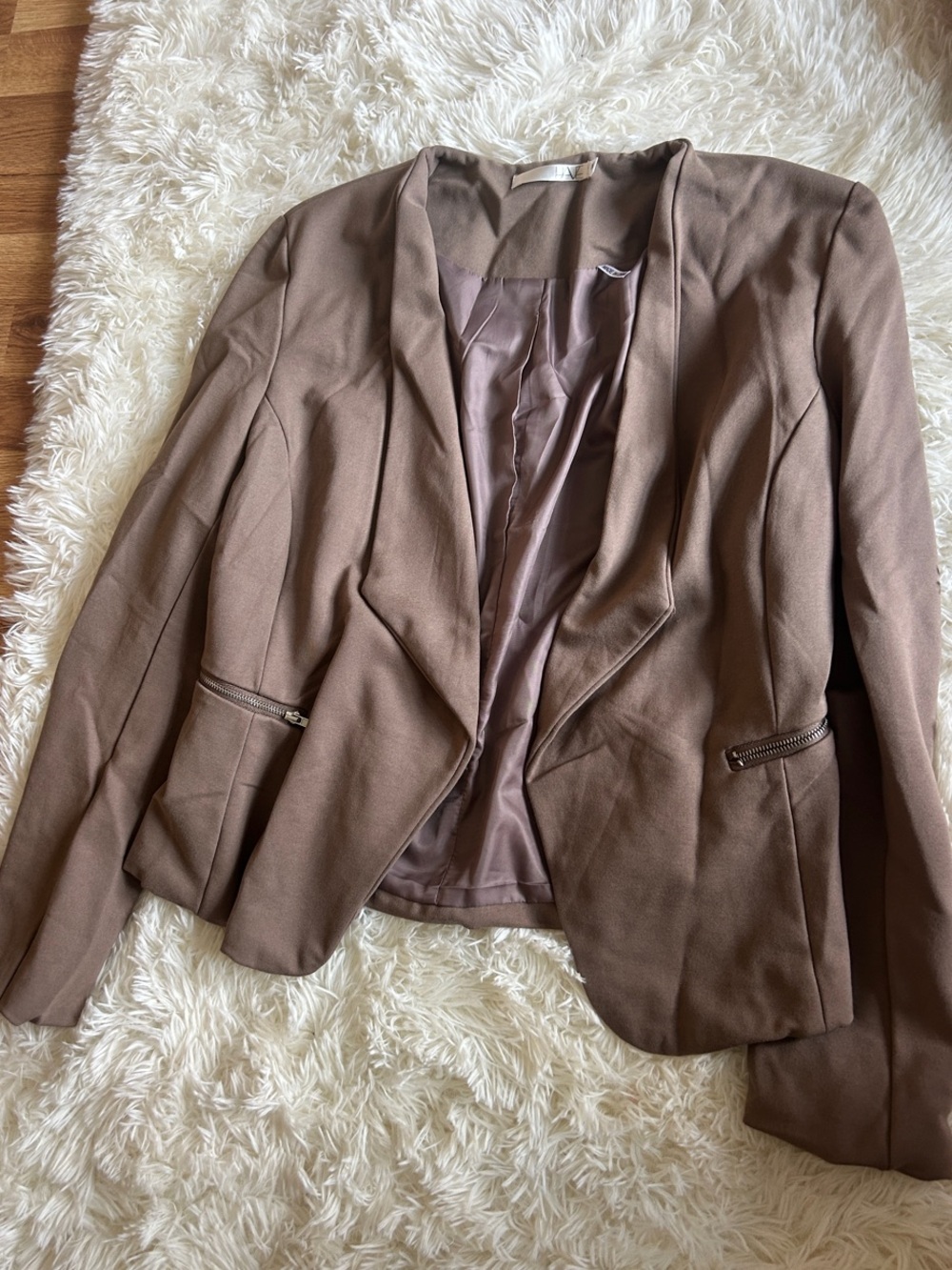 Have Taupe Brown Open-Front Blazer with Zip Pockets